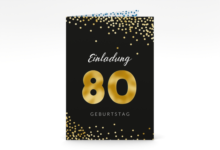 Einladung 80. Geburtstag Glitzer A6 Klappkarte hoch blau gold