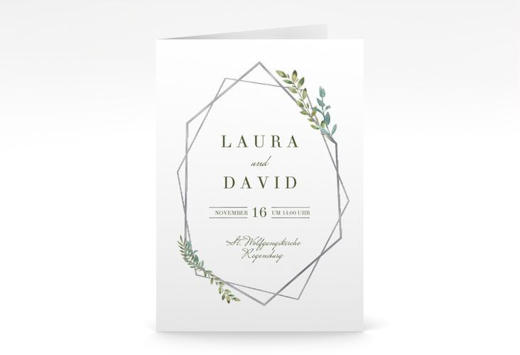 Einladungskarte Hochzeit Herbarium A6 Klappkarte hoch grau silber mit geometrischem Rahmen und Blätter-Dekor