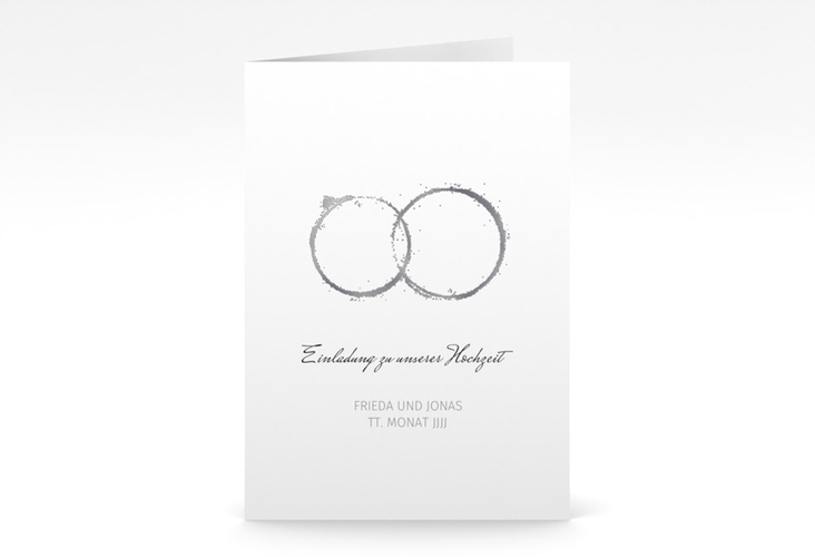 Einladungskarte Hochzeit Trauringe A6 Klappkarte hoch grau silber minimalistisch gestaltet mit zwei Eheringen