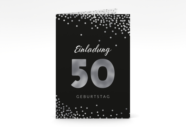 Einladung 50. Geburtstag Glitzer A6 Klappkarte hoch grau silber