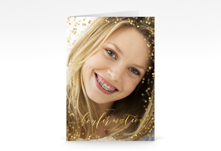 Einladung Konfirmation Lighten A6 Klappkarte hoch gold gold mit Foto und goldenem Konfetti