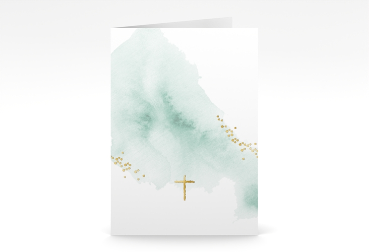 Konfirmationseinladung Sacrament A6 Klappkarte hoch mint gold in elegantem Aquarell-Look