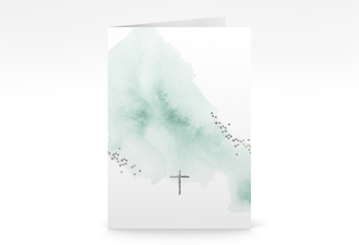 Konfirmationseinladung Sacrament A6 Klappkarte hoch mint silber in elegantem Aquarell-Look