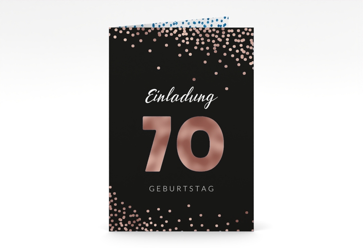 Einladung 70. Geburtstag Glitzer A6 Klappkarte hoch blau rosegold