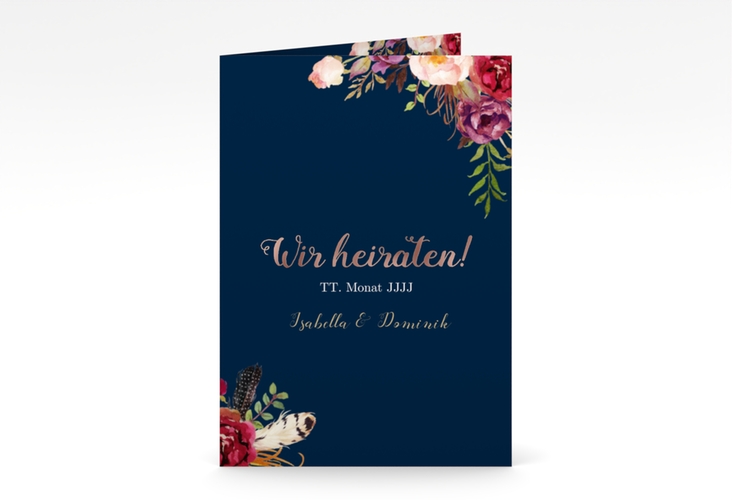 Einladungskarte Hochzeit Flowers A6 Klappkarte hoch blau rosegold mit bunten Aquarell-Blumen