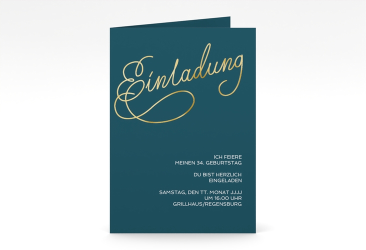 Einladung Geburtstag Schwungvoll A6 Klappkarte hoch blau gold