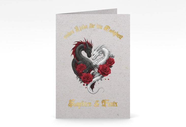 Einladungskarte Hochzeit Drachenliebe A6 Klappkarte hoch grau gold mit schwarzem und weißem Drachen zu einem Herz verschlungen