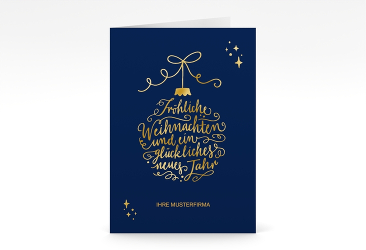 Business-Weihnachtskarte Lichterglanz A6 Klappkarte hoch blau gold für Firmen, mit Weihnachtskugel-Kalligrafie