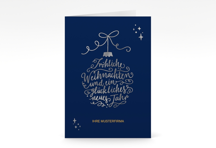 Business-Weihnachtskarte Lichterglanz A6 Klappkarte hoch blau silber für Firmen, mit Weihnachtskugel-Kalligrafie