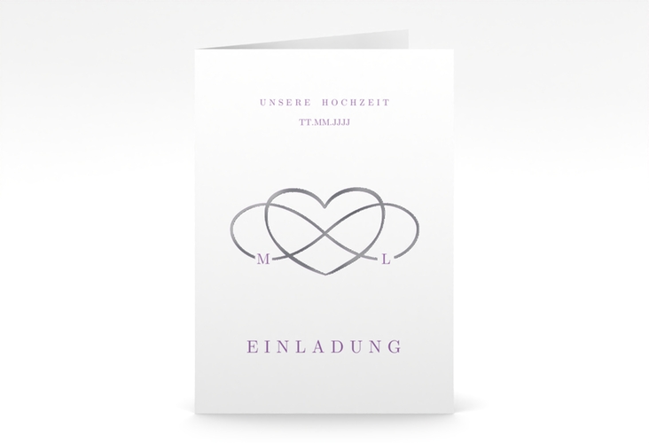 Einladungskarte Hochzeit Infinity A6 Klappkarte hoch lila silber