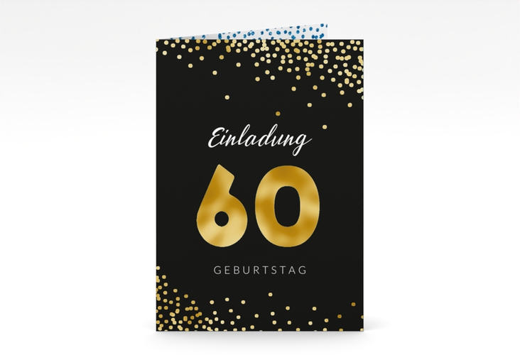 Einladung 60. Geburtstag Glitzer A6 Klappkarte hoch blau gold