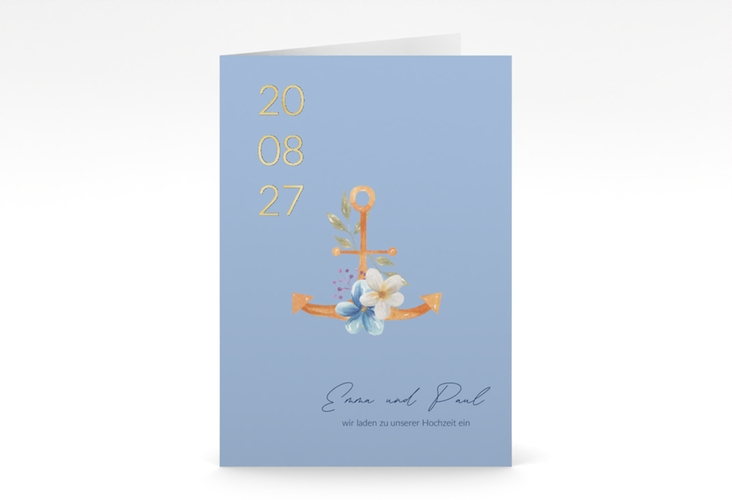 Einladungskarte Hochzeit Anker Floral A6 Klappkarte hoch blau gold