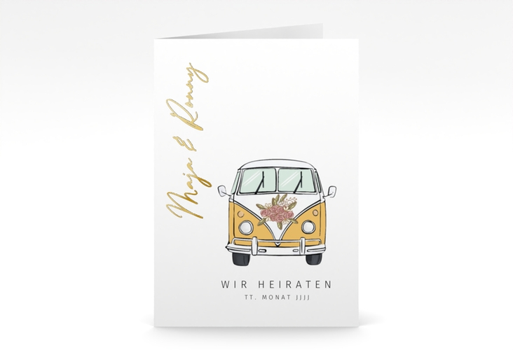 Einladungskarte Hochzeit Hochzeitsbulli A6 Klappkarte hoch gelb gold mit Gräsern und Trockenblumen für Boho-Hochzeit