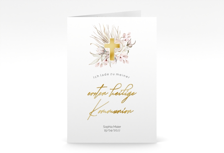 Kommunionseinladung Boho Kreuz A6 Klappkarte hoch rosa gold