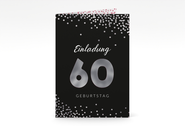 Einladung 60. Geburtstag Glitzer A6 Klappkarte hoch pink silber