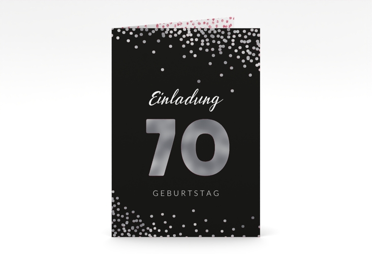 Einladung 70. Geburtstag Glitzer A6 Klappkarte hoch pink silber