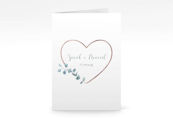 Einladungskarte Hochzeit Greenheart A6 Klappkarte hoch rosa rosegold mit elegantem Herz und Eukalyptus-Zweig