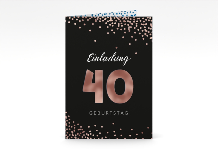 Einladung 40. Geburtstag Glitzer A6 Klappkarte hoch blau rosegold