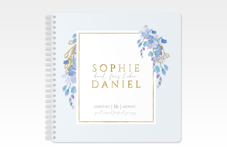 Gästebuch Hochzeit Blauregen Ringbindung blau gold mit Wisteria-Blüten