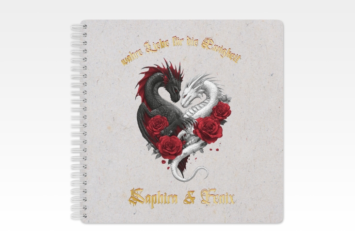 Gästebuch Hochzeit Drachenliebe Ringbindung grau gold mit schwarzem und weißem Drachen zu einem Herz verschlungen