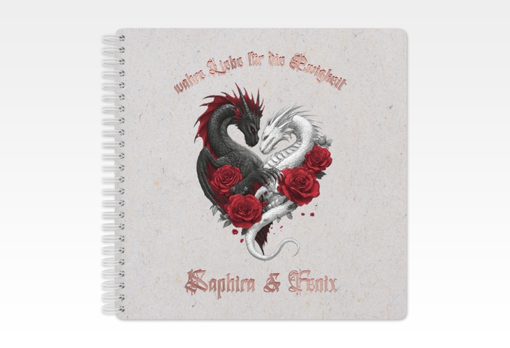 Gästebuch Hochzeit Drachenliebe Ringbindung grau rosegold mit schwarzem und weißem Drachen zu einem Herz verschlungen