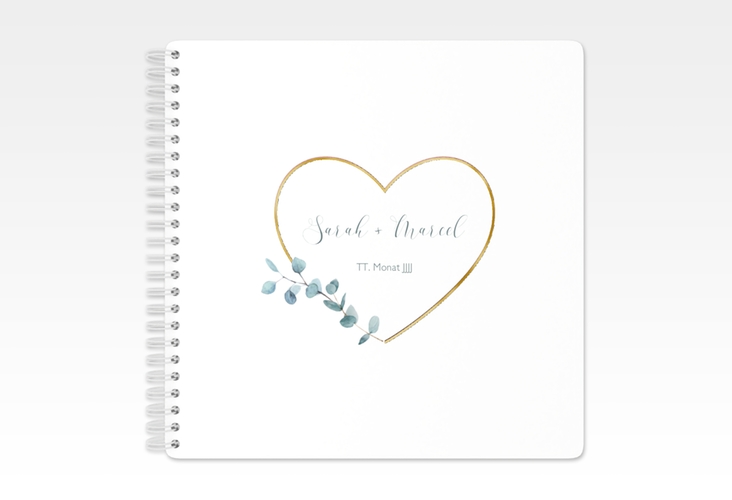 Gästebuch Hochzeit Greenheart Ringbindung rosa gold mit elegantem Herz und Eukalyptus-Zweig