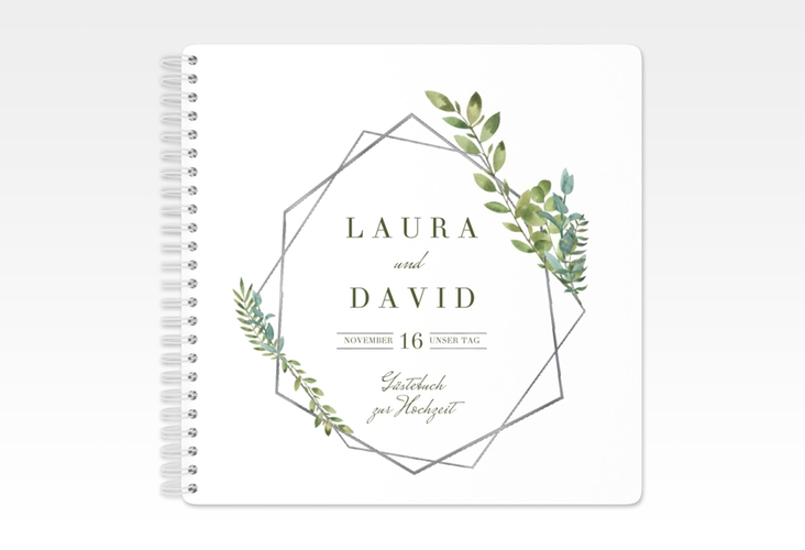 Gästebuch Hochzeit Herbarium Ringbindung grau silber mit geometrischem Rahmen und Blätter-Dekor
