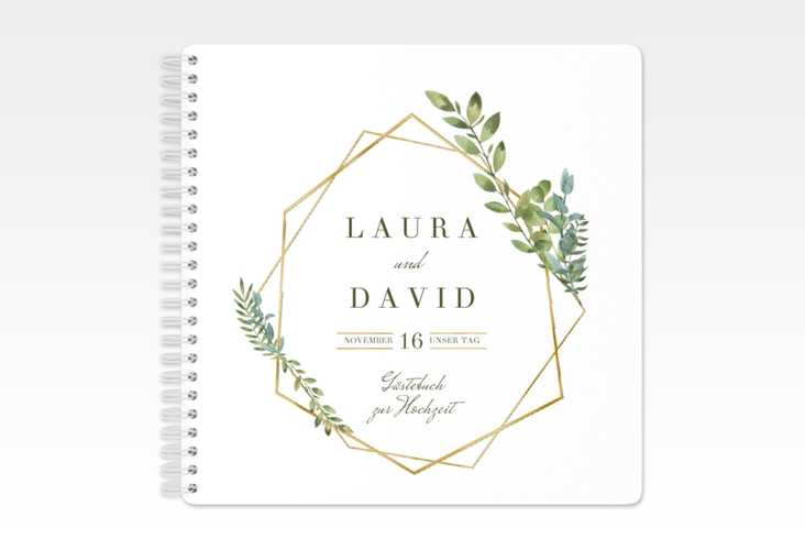 Gästebuch Hochzeit Herbarium Ringbindung gold gold mit geometrischem Rahmen und Blätter-Dekor