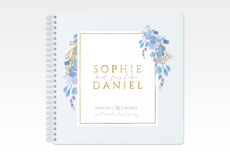 Gästebuch Hochzeit Blauregen Ringbindung blau gold mit Wisteria-Blüten