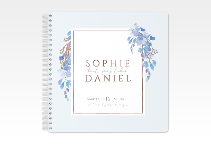 Gästebuch Hochzeit Blauregen Ringbindung blau rosegold mit Wisteria-Blüten