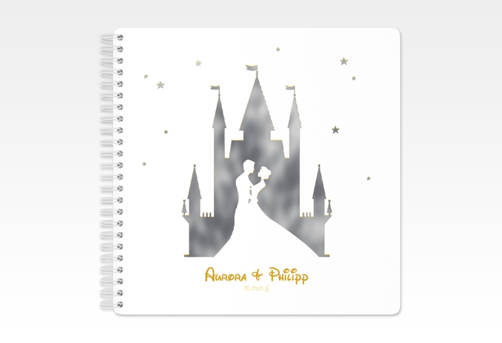 Gästebuch Hochzeit Castle Ringbindung gold silber mit Silhouette von Märchenschloss mit Prinz und Prinzessin