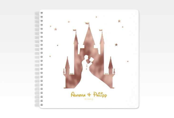 Gästebuch Hochzeit Castle Ringbindung gold rosegold mit Silhouette von Märchenschloss mit Prinz und Prinzessin