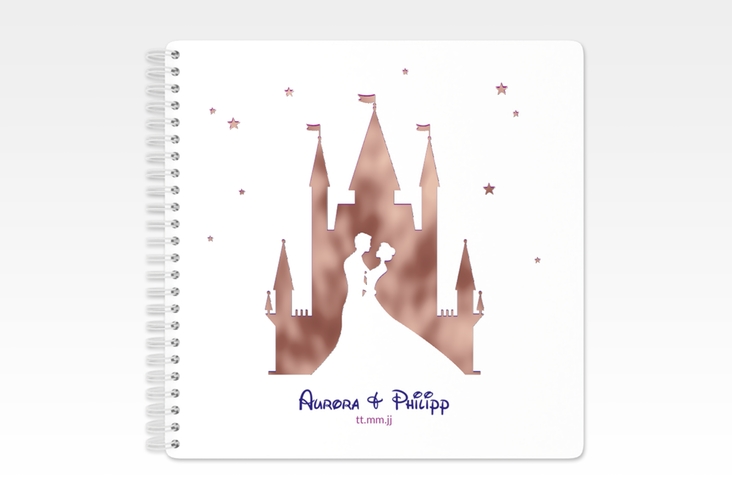 Gästebuch Hochzeit Castle Ringbindung lila rosegold mit Silhouette von Märchenschloss mit Prinz und Prinzessin