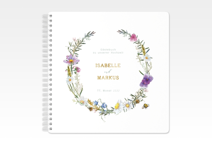 Gästebuch Hochzeit Blumengarten Ringbindung bunt gold mit Blumenkranz und Hummel