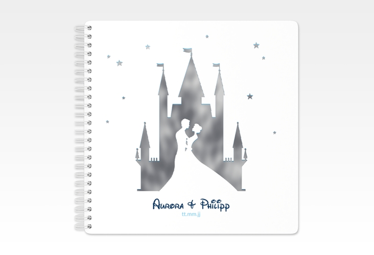Gästebuch Hochzeit Castle Ringbindung blau silber mit Silhouette von Märchenschloss mit Prinz und Prinzessin