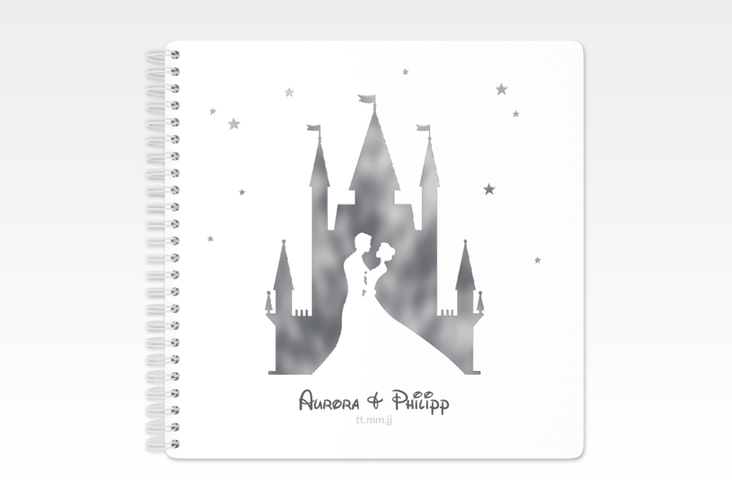 Gästebuch Hochzeit Castle Ringbindung grau silber mit Silhouette von Märchenschloss mit Prinz und Prinzessin