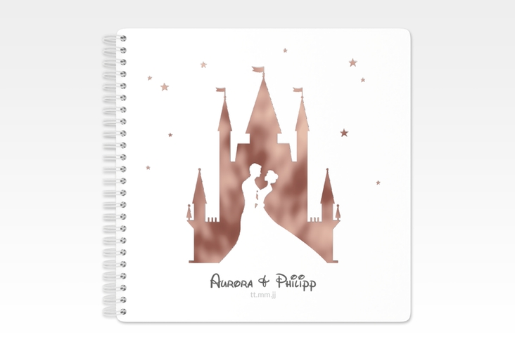 Gästebuch Hochzeit Castle Ringbindung grau rosegold mit Silhouette von Märchenschloss mit Prinz und Prinzessin