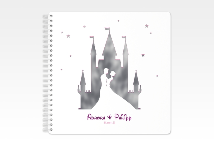 Gästebuch Hochzeit Castle Ringbindung pink silber mit Silhouette von Märchenschloss mit Prinz und Prinzessin