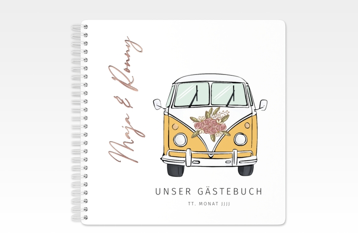 Gästebuch Hochzeit Hochzeitsbulli Ringbindung gelb rosegold