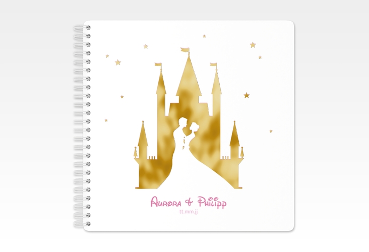 Gästebuch Hochzeit Castle Ringbindung rosa gold mit Silhouette von Märchenschloss mit Prinz und Prinzessin