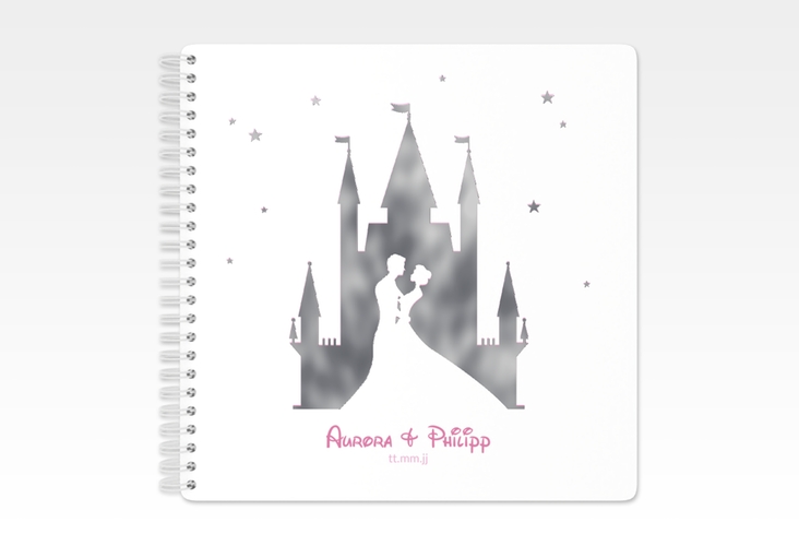 Gästebuch Hochzeit Castle Ringbindung rosa silber mit Silhouette von Märchenschloss mit Prinz und Prinzessin