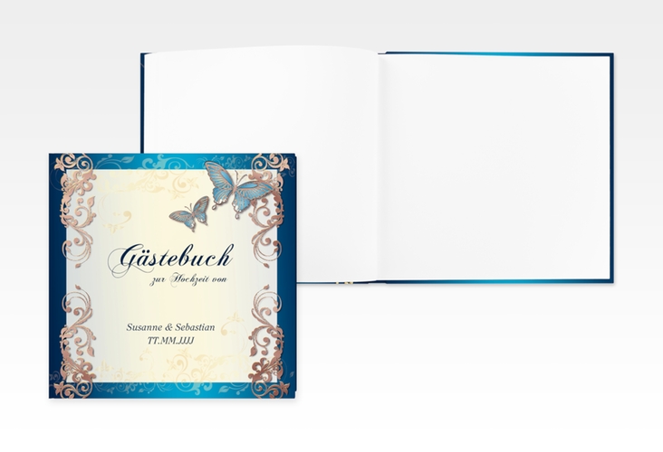 Gästebuch Creation Toulouse 20 x 20 cm, Hardcover blau rosegold romantisch mit Schmetterlingen