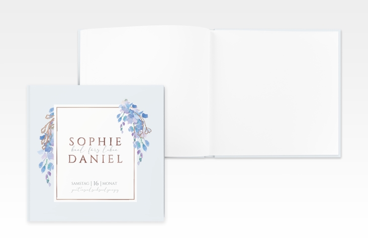Gästebuch Creation Hochzeit Blauregen 20 x 20 cm, Hardcover blau rosegold mit Wisteria-Blüten
