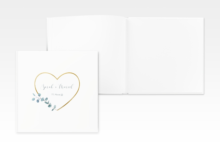 Gästebuch Creation Hochzeit Greenheart 20 x 20 cm, Hardcover gold gold mit elegantem Herz und Eukalyptus-Zweig