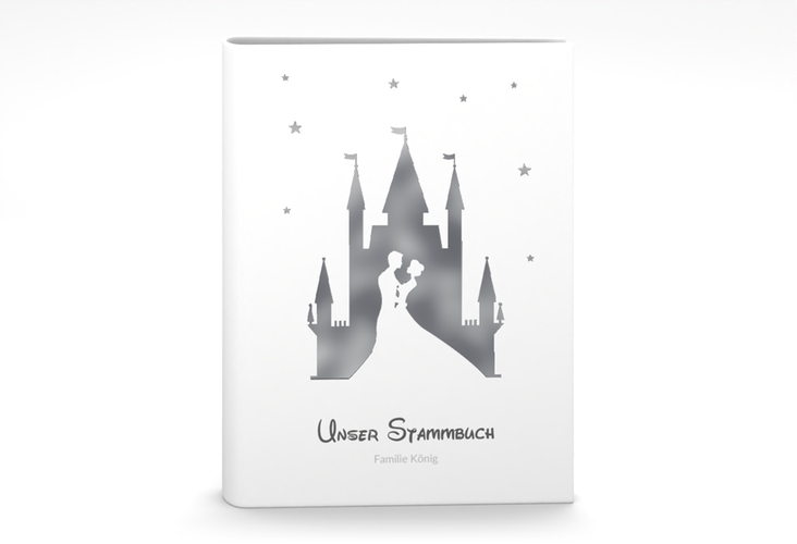 Stammbuch A5 Castle Stammbuch A5 grau silber mit Silhouette von Märchenschloss mit Prinz und Prinzessin