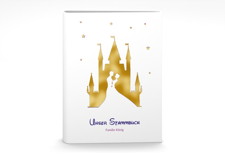 Stammbuch A5 Castle Stammbuch A5 lila gold mit Silhouette von Märchenschloss mit Prinz und Prinzessin