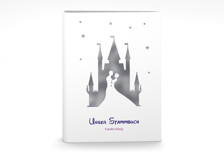 Stammbuch A5 Castle Stammbuch A5 lila silber mit Silhouette von Märchenschloss mit Prinz und Prinzessin