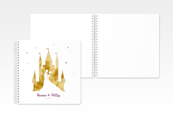 Gästebuch Hochzeit Castle Ringbindung pink gold mit Silhouette von Märchenschloss mit Prinz und Prinzessin