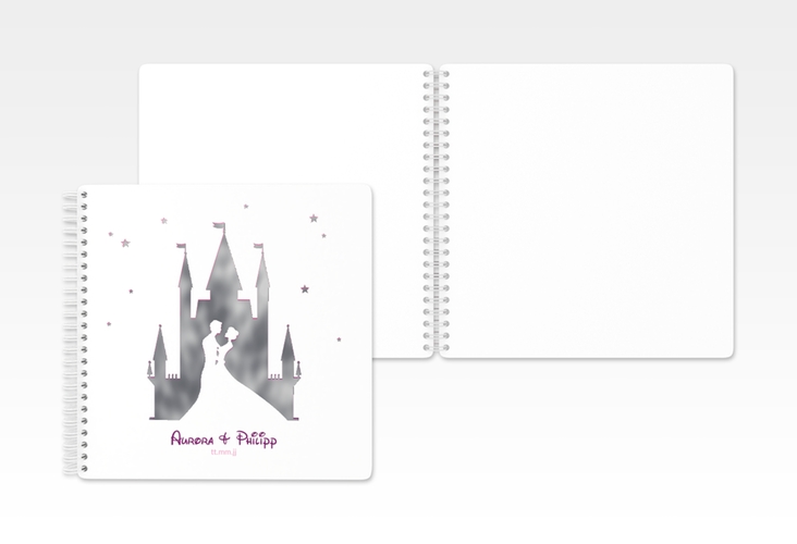 Gästebuch Hochzeit Castle Ringbindung pink silber mit Silhouette von Märchenschloss mit Prinz und Prinzessin