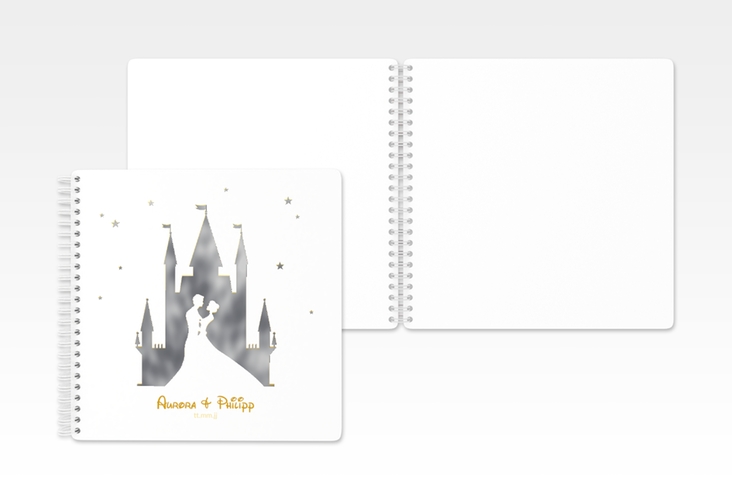 Gästebuch Hochzeit Castle Ringbindung gold silber mit Silhouette von Märchenschloss mit Prinz und Prinzessin